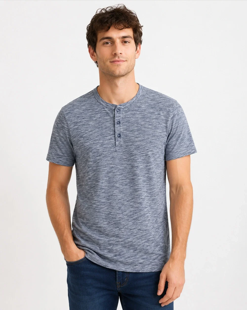 ABOUND Mens Jersey Slub Henley Tee MEDIUM Blue White Short Sleeve Cotton NWT